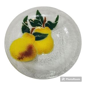Peggy Karr Fused Glass Bowl Art Glass 9" Pear Fruit Fusion Serving Dish Yellow